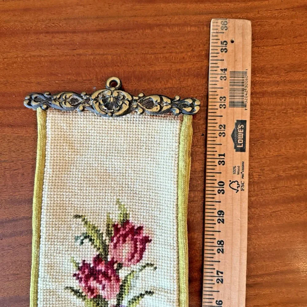 VTG Brass Bell Pull Roses Petit Point Embroidery 33.5